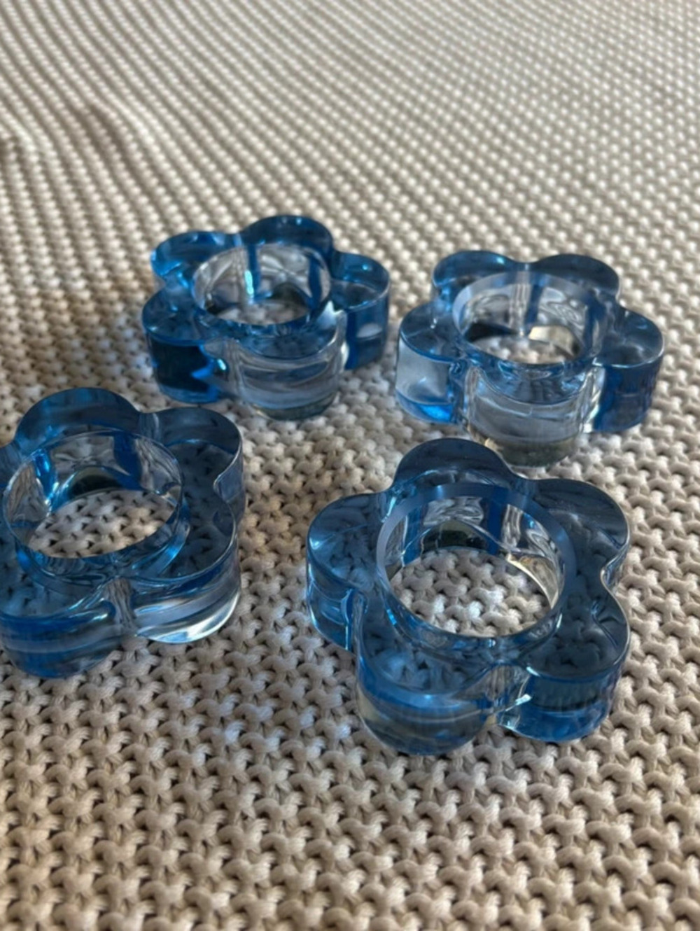 Flower Daisey Shaped Blue Clear Votive Holder Vintage Set of 4